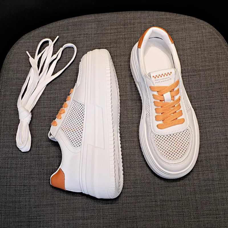 Fujin 5cm Air Mesh Genuine Leather White Sneakers Women Platform Shoes Women Casual Shoes Fashion Sneakers Summer Autumn Shoes