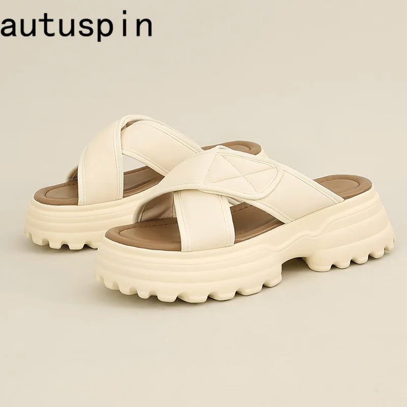AUTUSPIN 4cm Women Flat Heels Women Shoes Summer Cosy Slippers Outdoor Beach Basic Microfiber Leather Female Slides Shoes Woman