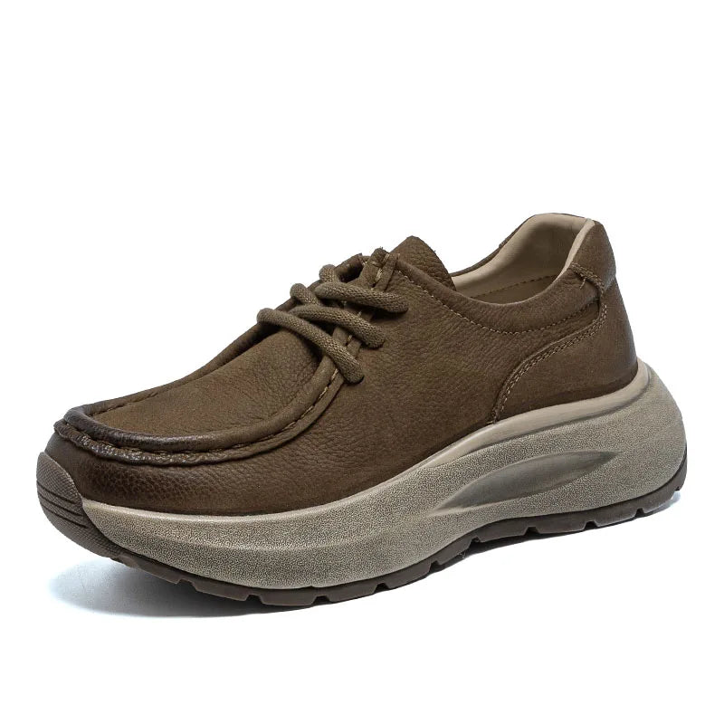 DRKANOL 2025 Women Casual Sneakers Thick Sole Chunky Platform Wedges Heel Genuine Cow Leather Lace-Up Handmade Retro Shoes H9628
