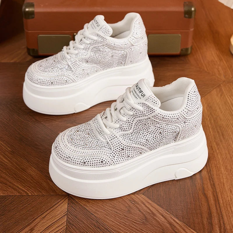 AUTUSPIN 10cm Women White Shoes Full Rhinestones Ladies Shiny Casual Shoes Fashion High Platform Wedges Chunky Sneakers Casual
