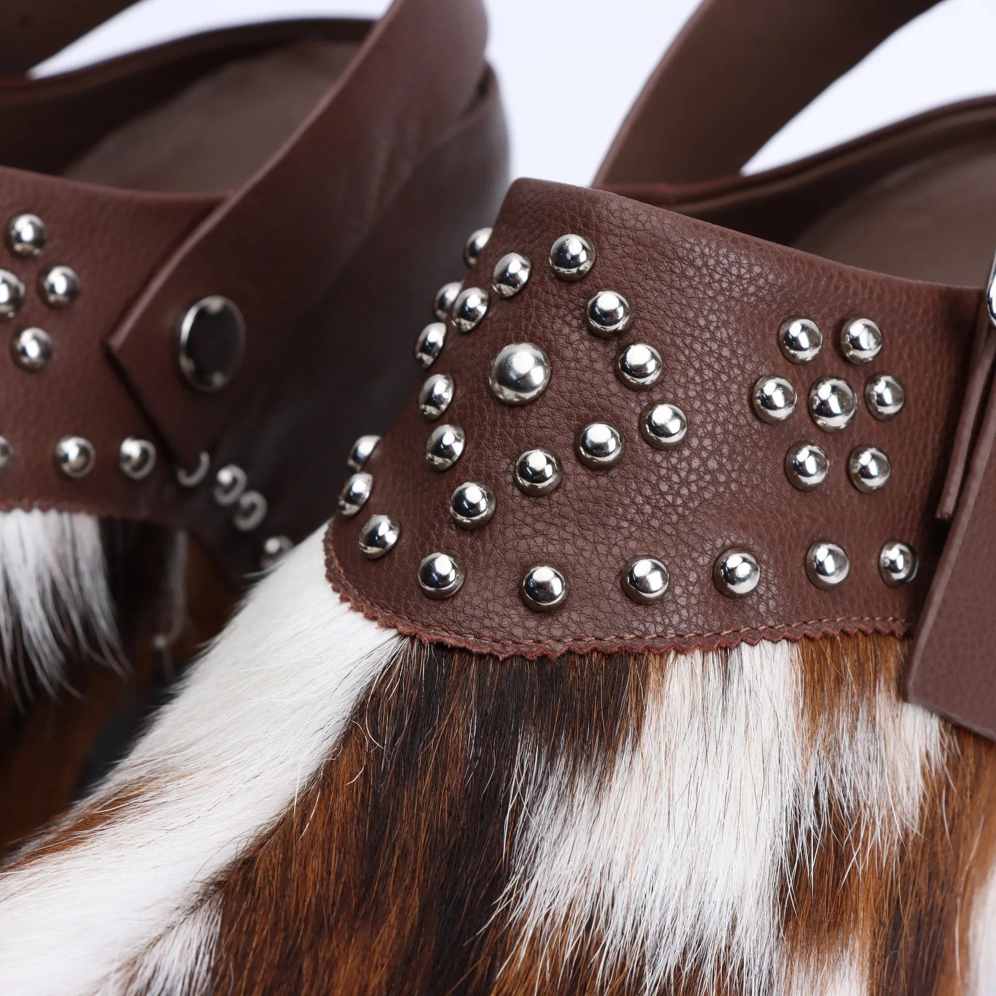 Handmade Designer Luxury Studded Platform Clogs with Natural Calf Hair and Leather Lining, Memory Foam Arch Support for All-Day