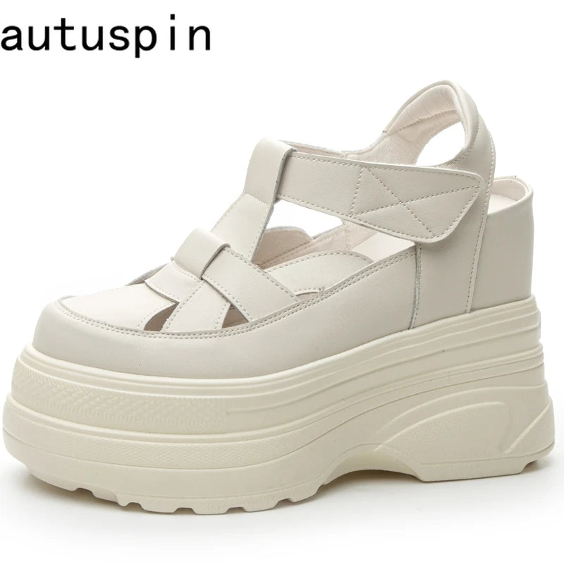 Autuspin 10cm Women Summer Gladiator Sandals High Quality Split Leather Wedges Platform Heels Weave Rome Style Beach Shoes Woman