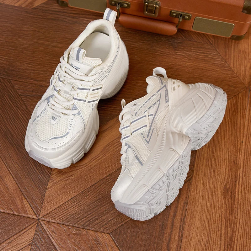 AUTUSPIN 7cm Women Mesh Shoes 2025 Autumn Chunky Sneakers Retro Lace-up Female Street Style Thick Bottom Ladies Sneaker Outdoor