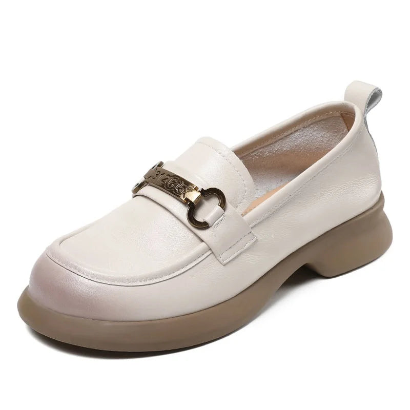 DRKANOL Women Slip On Loafers 2025 Spring Shallow Genuine Cow Leather Trend Metal Mid Thick Heel Casual Single Shoes Black Beige