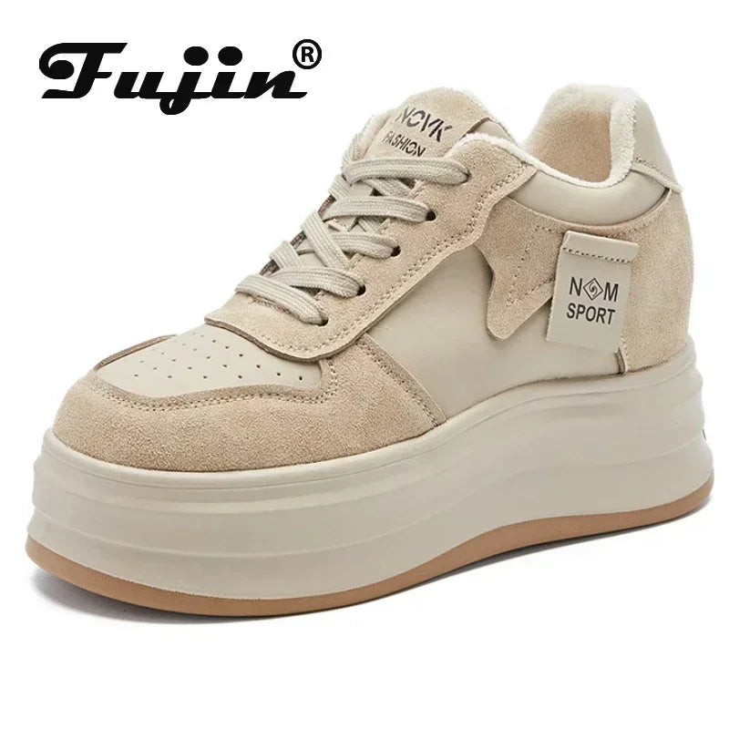 Koznoy 8.5cm Cow Suede Genuine Leather Platform Flats Autumn Spring Loafer Chunky Sneaker High Brand Comfy Vulcanize Women Shoes