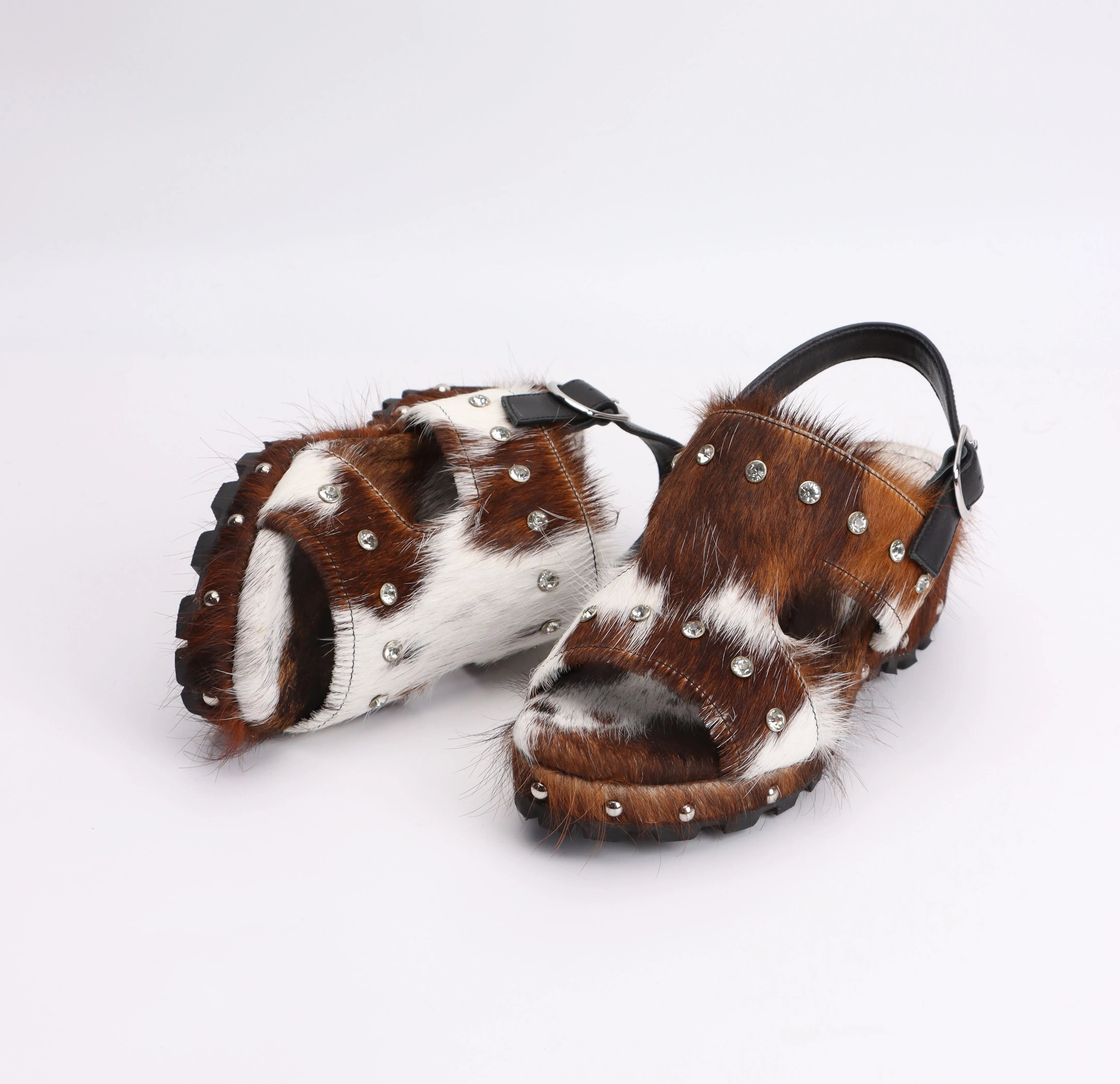 Luxury Horsehair Studded Mid Heel Rubber Sole Platform Sandals for Woman – Designer Shoes Sandals Woman Sandalias de Mujer