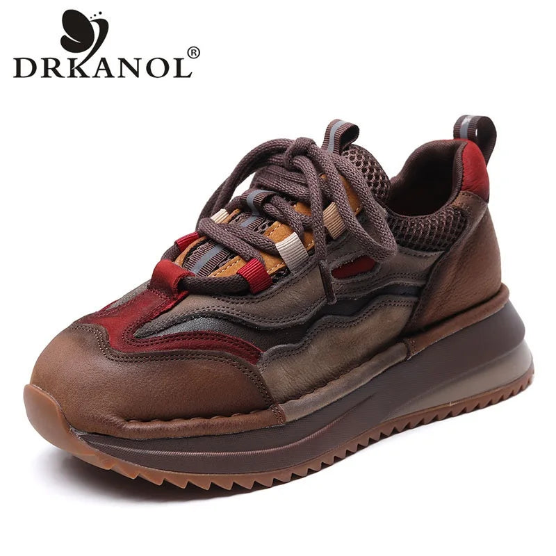DRKANOL Fashion Women Casual Sneakers Spring Autumn Mixed Colors Genuine Cow Leather Thick Sole Chunky Platform Retro Shoes Lady