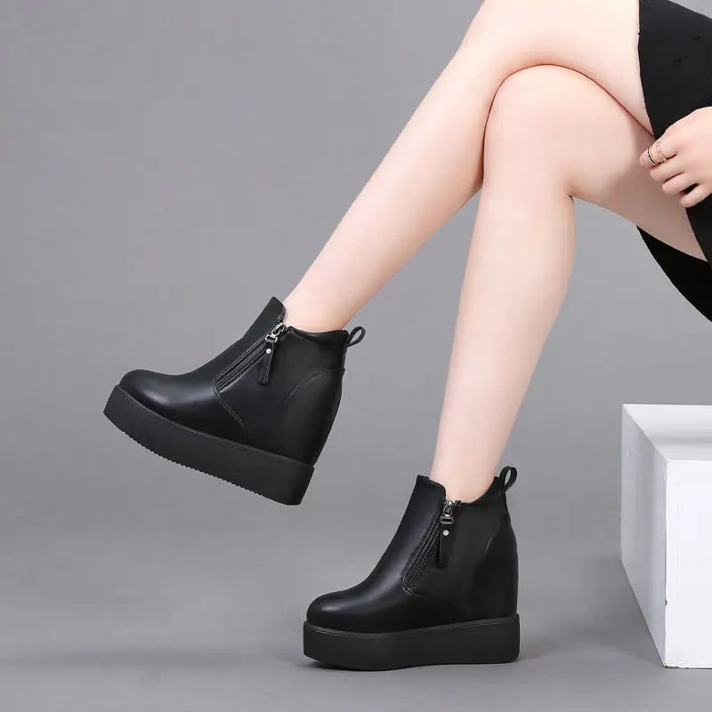 Fujin 11cm Platform Wedge Hidden Heel Women Ankle Boots Flock Leather Warm Female Wedge Shoes Zipper Winter Shoes Sneakers 2024