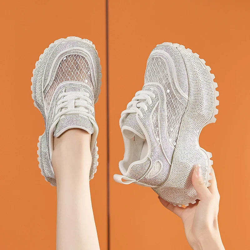 AUTUSPIN 7.5cm Thick Soled Women Shoes Summer Fashion Lace Spilcing Leather Chunky Sneakers Street Style Tide Crystal Shoes