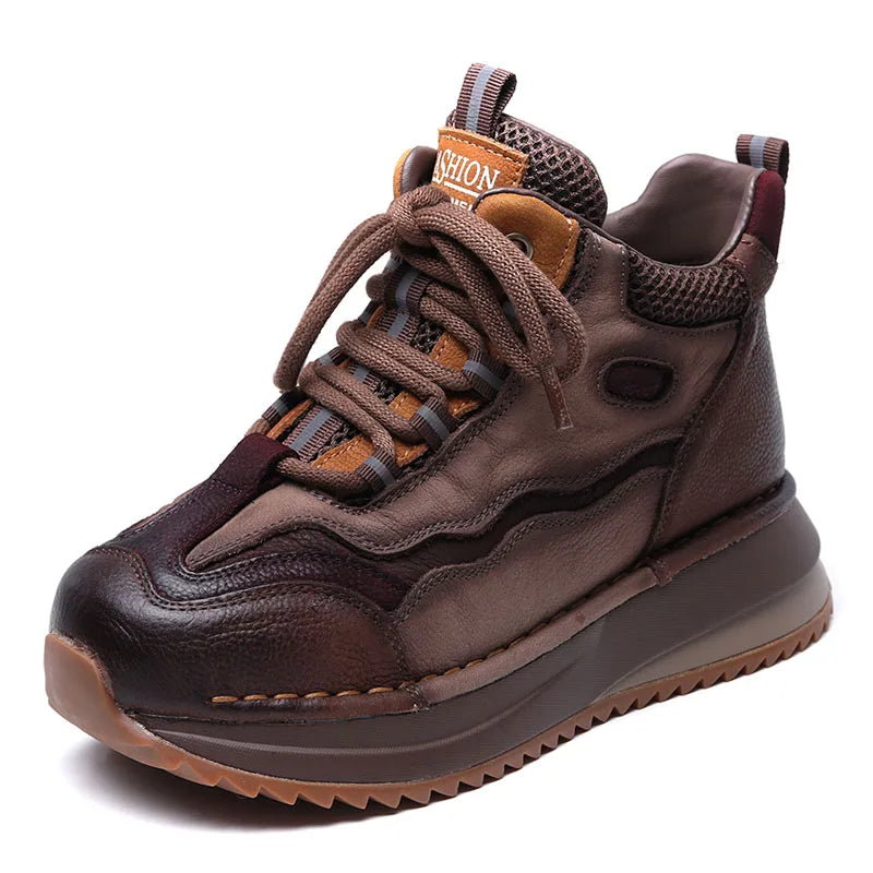 DRKANOL Women Mixed Colors Genuine Leather Casual Sneakers Lace-Up Retro High Top Platform Shoes Ladies Thick Sole Ankle Boots