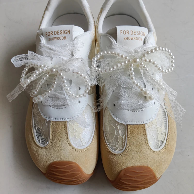 AUTUSPIN Sweet Women Shoes for Summer Lace Genuine Leather Female Sneakers String Beads Flat Platform Ladies Casual Sneaker