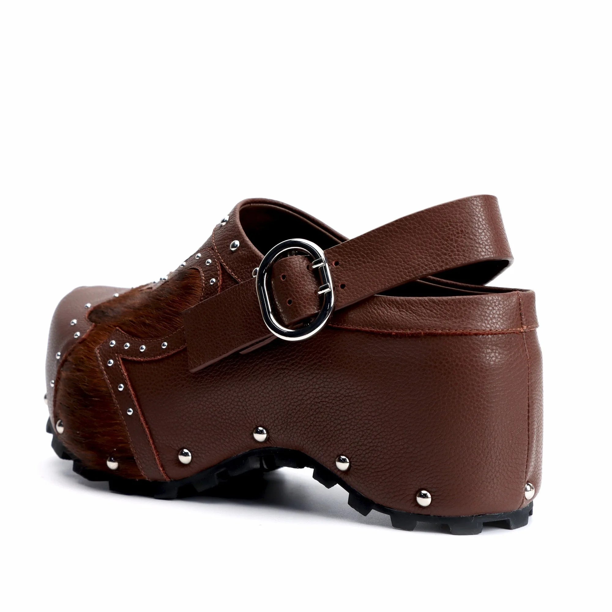 Luxury Studded Platform Clogs Sandals Cowhide Calf Hair Upper Leather Lined with Arch Support Slip-On Wide Fit Anti-Slip Outsole