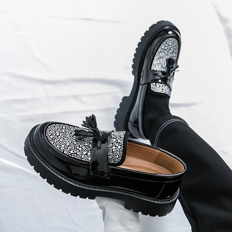 Men Shoes Fashion Loafers Casual Business Oxford Shoes Slip-On Tassel Rhinestone Dress Wedding Shoes Non-slip Thick Soled Shoes