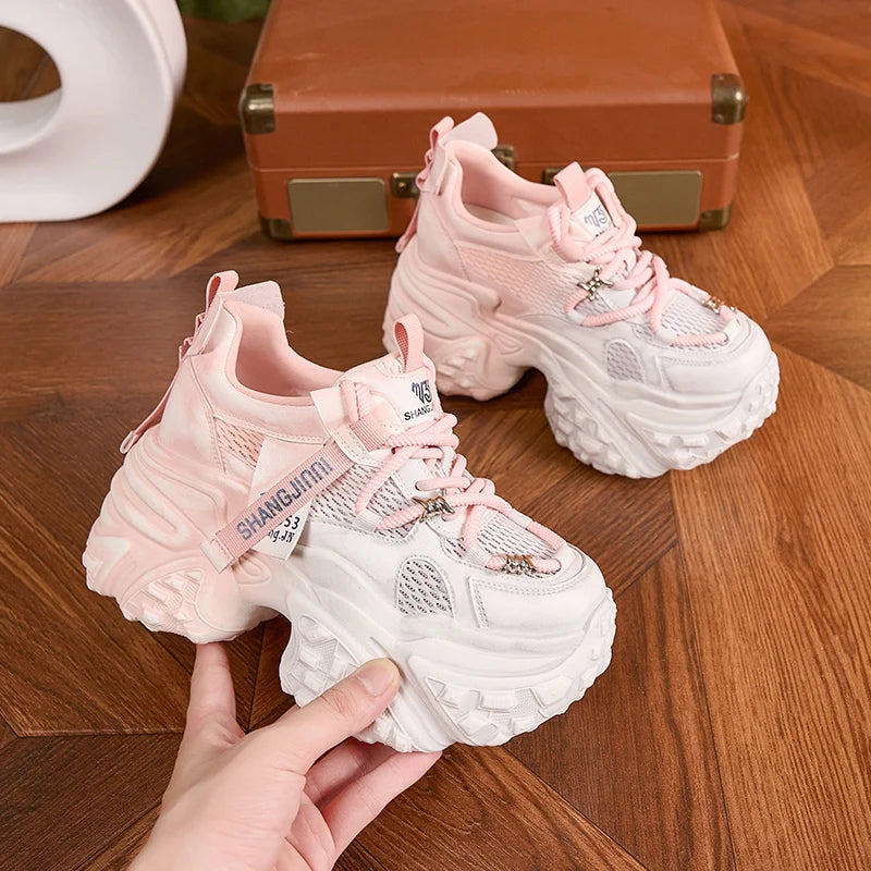 AUTUSPIN Women Shoes Mixed Colors Ladies Chunky Leisure Sneakers Summer Breathable Mesh Synthetic Leather Sports Shoes Popular