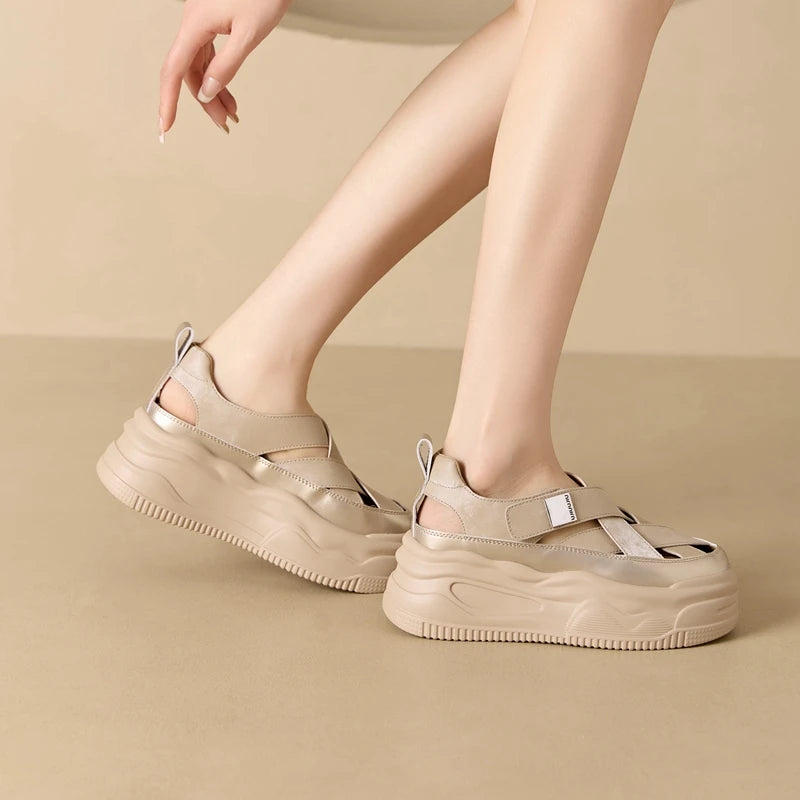 AUTUSPIN 7cm Flats Platform Women Leather Sandals Summer Fashion Hollow Breathable Ladies Shoes Round Toe Chunky Leisure Sneaker