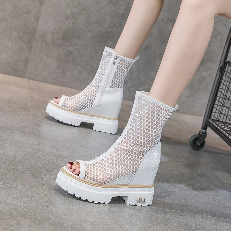 Fujin 10cm Genuine Leather Air Mesh Women Summer Shoes Platform Boots Wedge Hidden Heel Peep Toe Open Ankle Boots Knee High