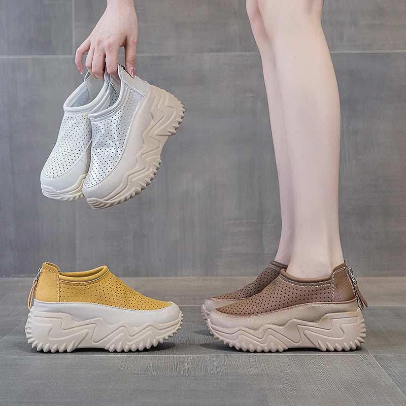 Autuspin 7cm Women Pumps Summer Breathable Fashion Hollow Shoes Female Back Zipper Wedge Platform High Heels Quality Leather