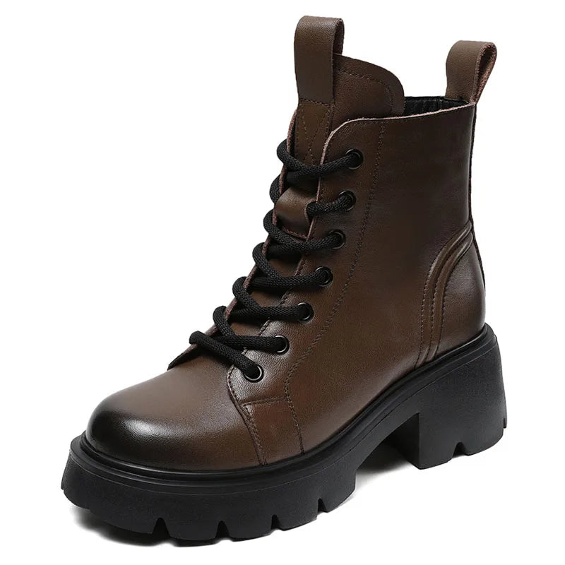 DRKANOL Genuine Cow Leather Ankle Boots For Women Height Increasing Thick High Heel Chunky Platform Autumn Winter Fur Warm Boots