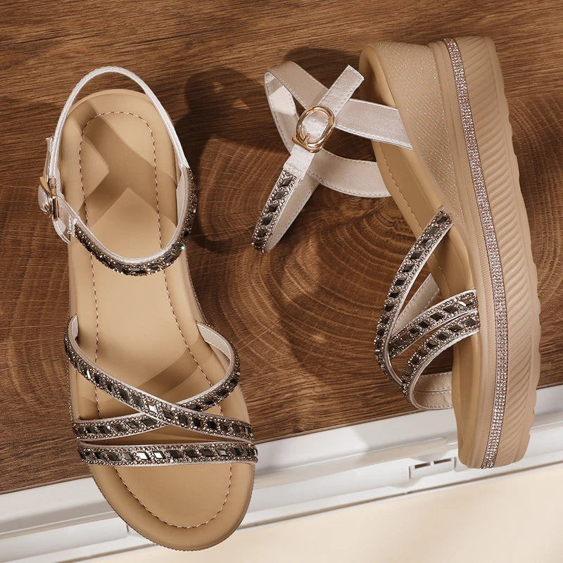 AUTUSPIN 6.5cm Wedge Platform Women Sandals Summer Fashion Genuine Leather Ankle Strap High Heels Ladies Rhinestone Bling Shoes
