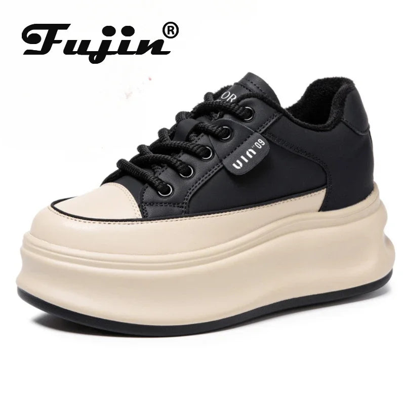 Fujin 8cm Cow Genuine Leather Comfy Breathable Skate Board Platform Wedge Sneakers Vulcanized Chunky Hidden Heel Block Shoes