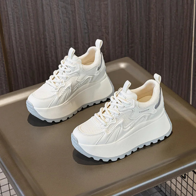 Fujin 8cm Air Mesh Microfiber Vulcanize Chunky Sneaker Lace Up Shoes Fashion Synthetic Leather Flats Platform Wedge Women Ladies