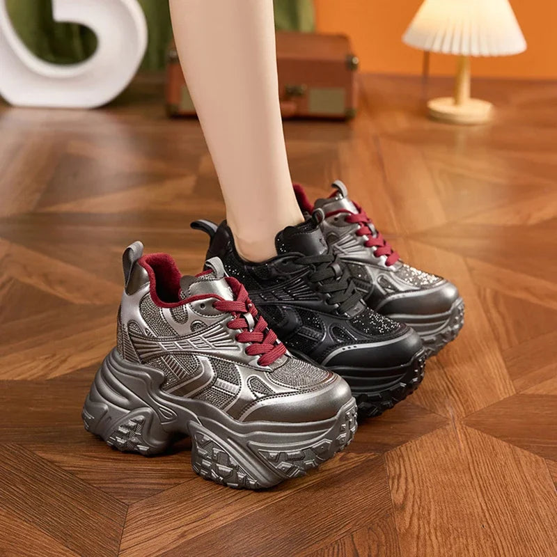 AUTUSPIN 8cm Fashion Platform Warm Velvet Sneakers Winter High Chunky Flats Shoes Ladies Tide Crystal Decoration Luxury Sneaker