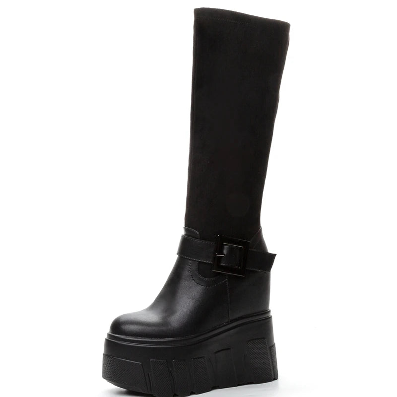 AUTUSPIN 9cm High Wedges Heeled Ankle Boots Women Fashion Long Knee-high Boots Female Wedding Party Sexy Black Warm Shoes Winter