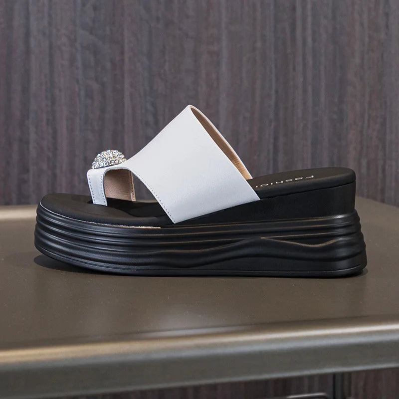 Fujin 7cm Genuine Leather Summer Clip Toe Flip Ladies Slippers Pumps Platform Wedge Women Fashion Sandals Flats Rhinestone Shoes