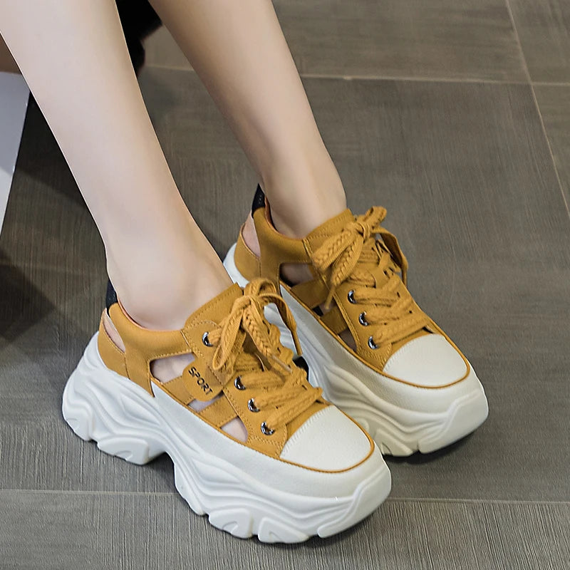 Autuspin New Genuine Leather Women Shoes Summer Retro Breathable Female Sandals Round Toe Leisure Slingbacks Thick Sole Sandal