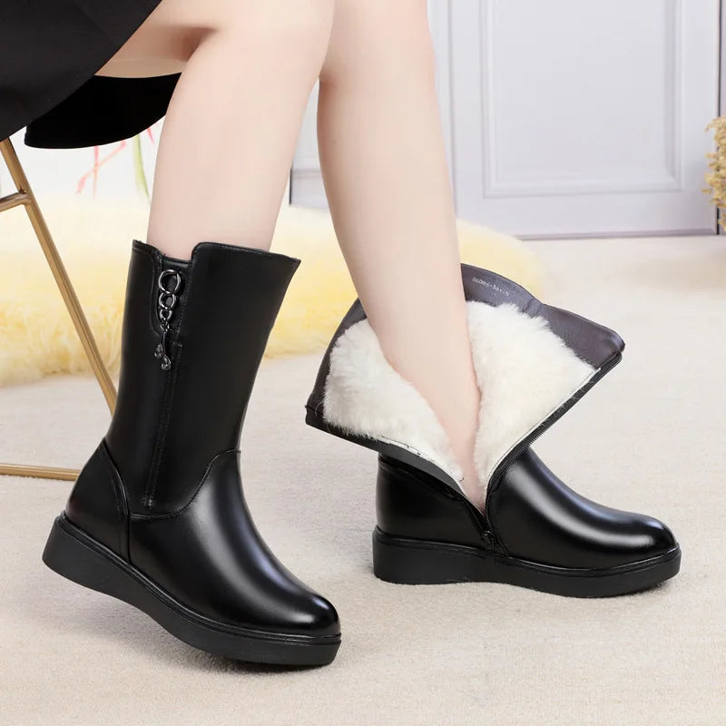 WOIZGIC Female Ladies Boots Women's Mid Calf Winter Fur Wool Plush Warm Zipper Genuine Leather Shoes Boots Plus Size 42 43 Snow