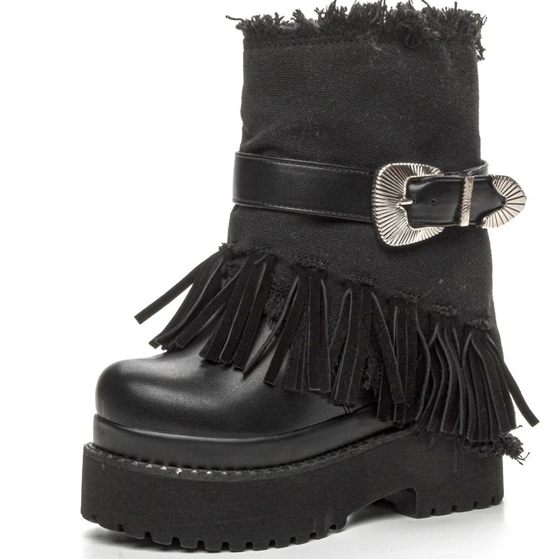AUTUSPIN 12cm Hidden Heel Mid-calf Boots Women Retro Ethnic Tassel Morden Short Boots Female Genuine Cow Leather Platform Shoes