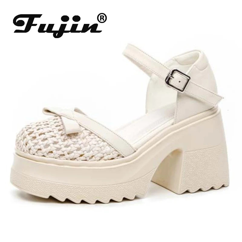 Fujin 10cm PU Synthetic Microfiber Leather Peep Toe Shoes Buckle Mary Jane Platform Wedge Fashion Slippers Women Sandals Pumps