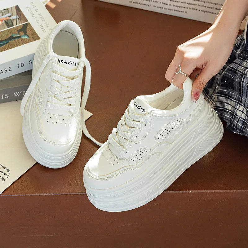 Fujin 7cm Genuine Leather White Shoes Spring Autumn Platform Sneakers Heel Casual Shoes Walking Shoes Fashion Sneakers comfy