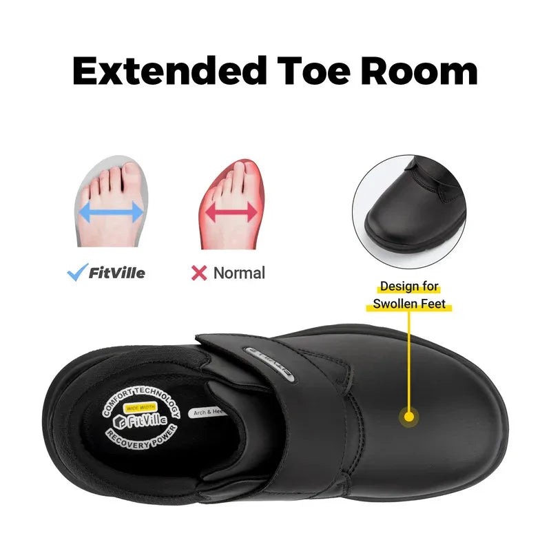 Extra Wide Men'S Shoes Leather Diabetic Walking Shoes For Elder Orthopedic Toes Swollen Feet Non-Slip With Arch Support