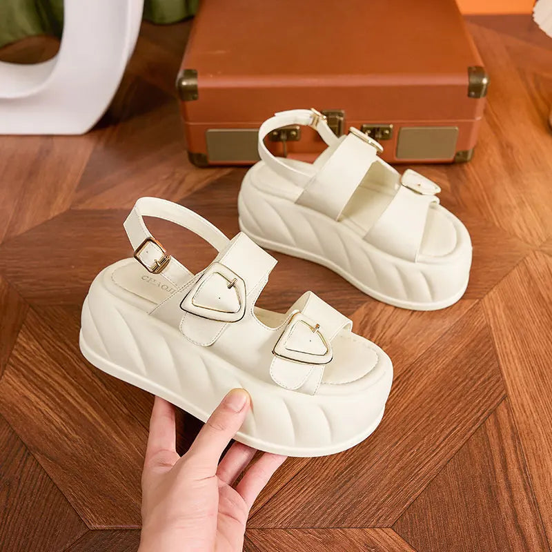 AUTUSPIN 7.5cm Women Sandals High Heels Summer Ladies Microfiber Leather Platform Wedge Shoes Fashion Ankle Buckle Sandal Woman