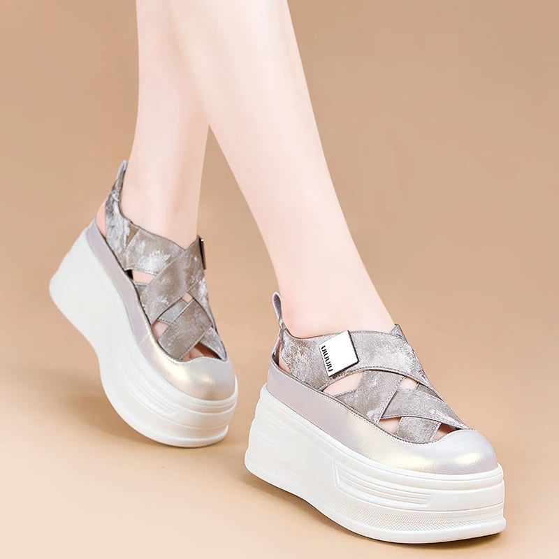 AUTUSPIN Summer Hollow Out Sandals Women's Fashion Leather Shoes Outdoor Woman High Platform Trendy Sandal Female Size 33-40