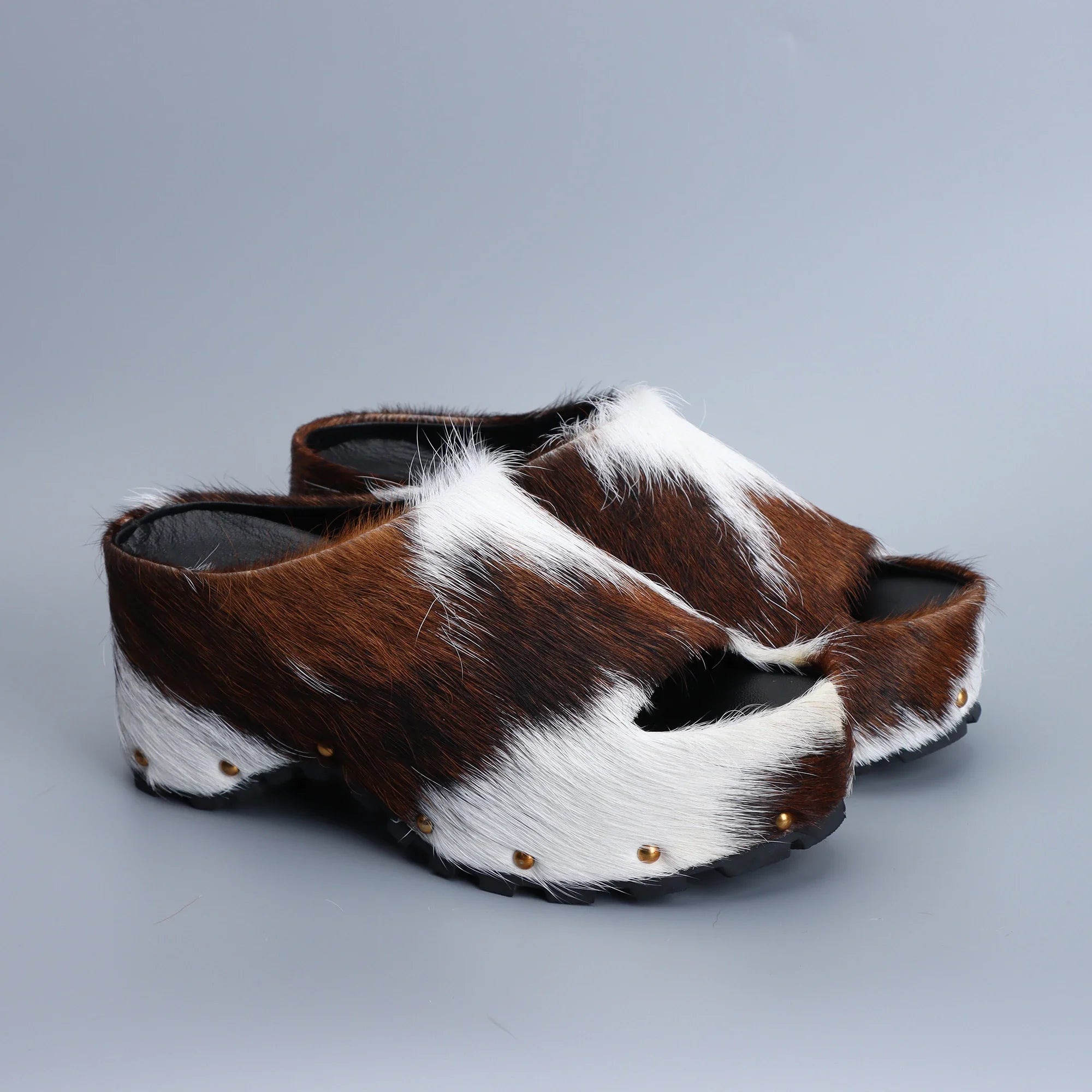 Designer Luxury Platform Mules 2025 Women Real Calf Hair Leather Lined Slip On Clogs Slides Sandals Summer Fashion Comfort Shoes