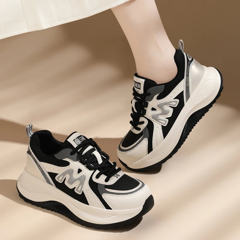 AUTUSPIN 4.5cm Comfortable Thick Soled Ladies Shoes Outdoor Casual Fashion Sneakers Women Leather Footwear Students Gym Shoes