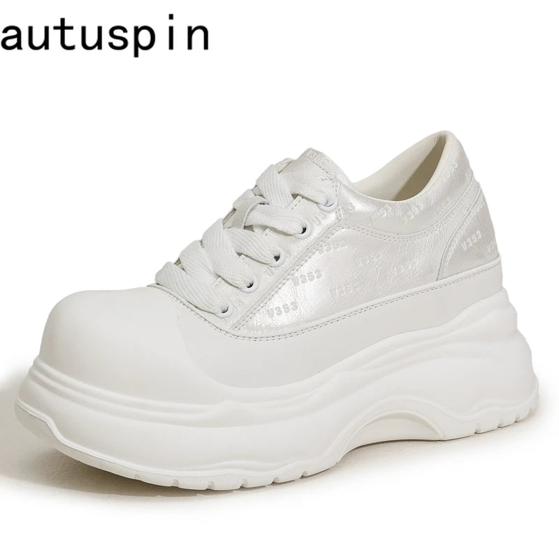 AUTUSPIN 6.5cm Chunky White Shoes for Women Summer Autumn Fashion Lace-up Platform Casual Shoes Female Flats Bottom Sneakers