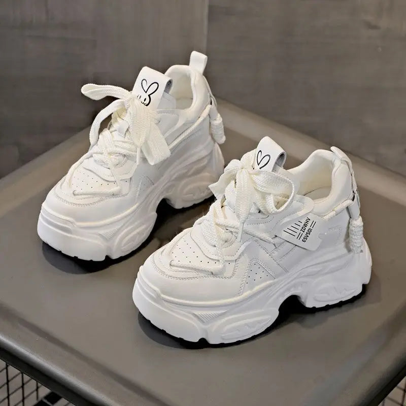 Fujin 10cm Women Lace Up Chunky Sneakers Fashion Spring Autumn Stable High Platform Ladies Vulcanize Cow Genuine Leather Shoes