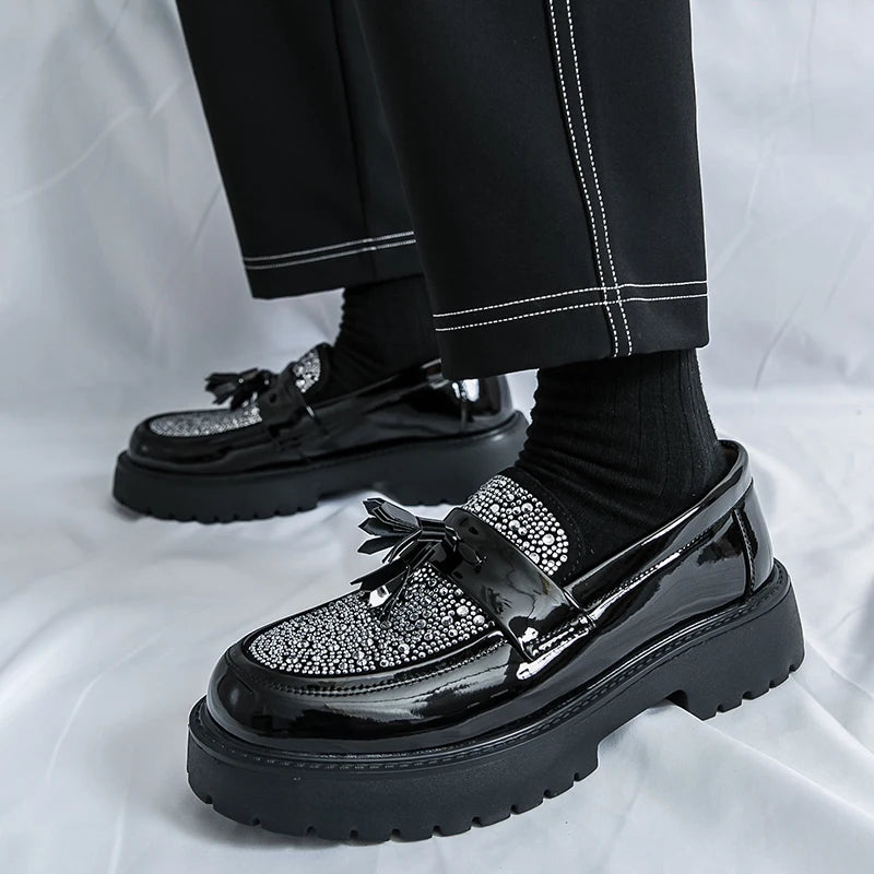 Men Shoes Fashion Loafers Casual Business Oxford Shoes Slip-On Tassel Rhinestone Dress Wedding Shoes Non-slip Thick Soled Shoes