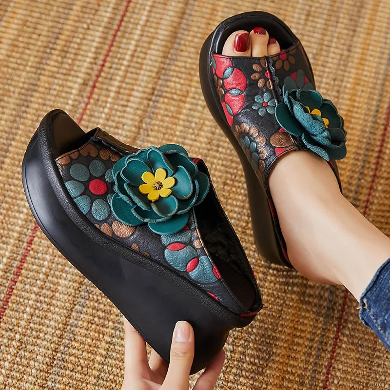 DRKANOL Summer Outside Wedges Slippers Women Printing Flowers Genuine Leather Peep Toe Platform Slippers Rthnic Style Slides