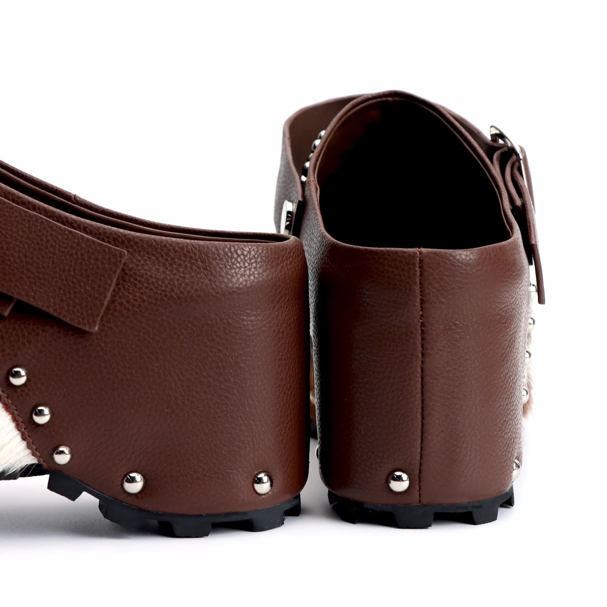 Handmade Designer Luxury Studded Platform Clogs with Natural Calf Hair and Leather Lining, Memory Foam Arch Support for All-Day