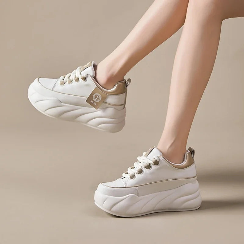 Fujin 7cm Cow Genuine Leather Chunky Sneakers Loafer Spring Women Platform Wedge Flats Autumn Vulcanize Shoes