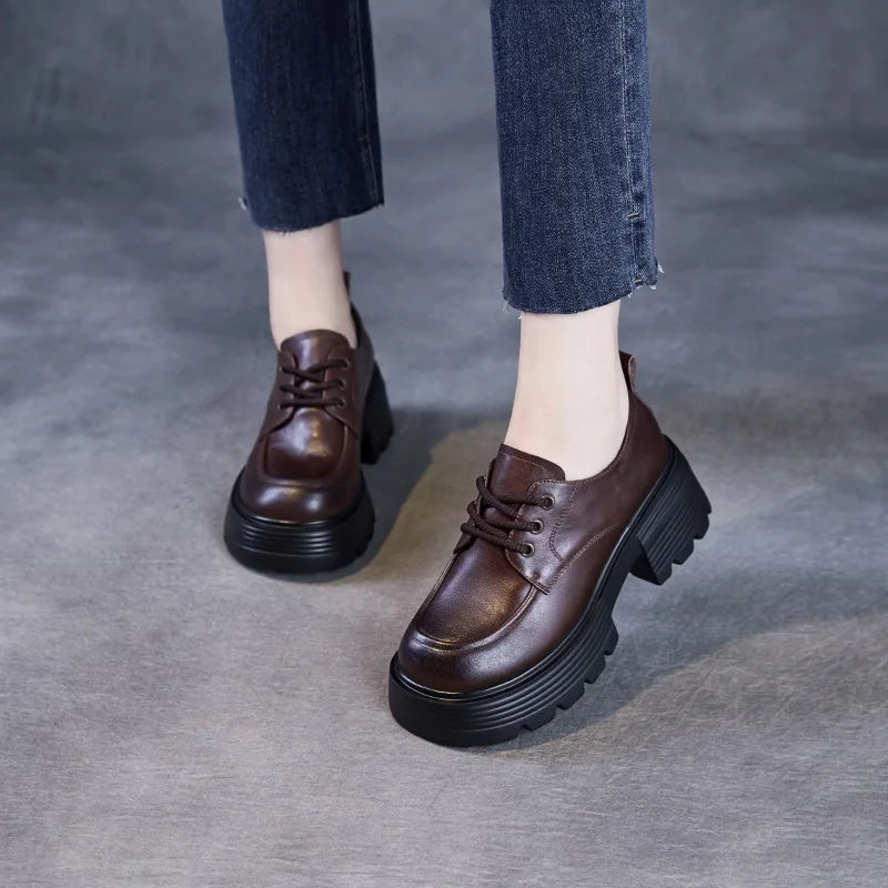 DRKANOL 2025 Women Chunky Platform Shoes Luxurious Genuine Cow Leather Thick High Heel Pumps Lace-Up Round Toe Casual Shoes Lady