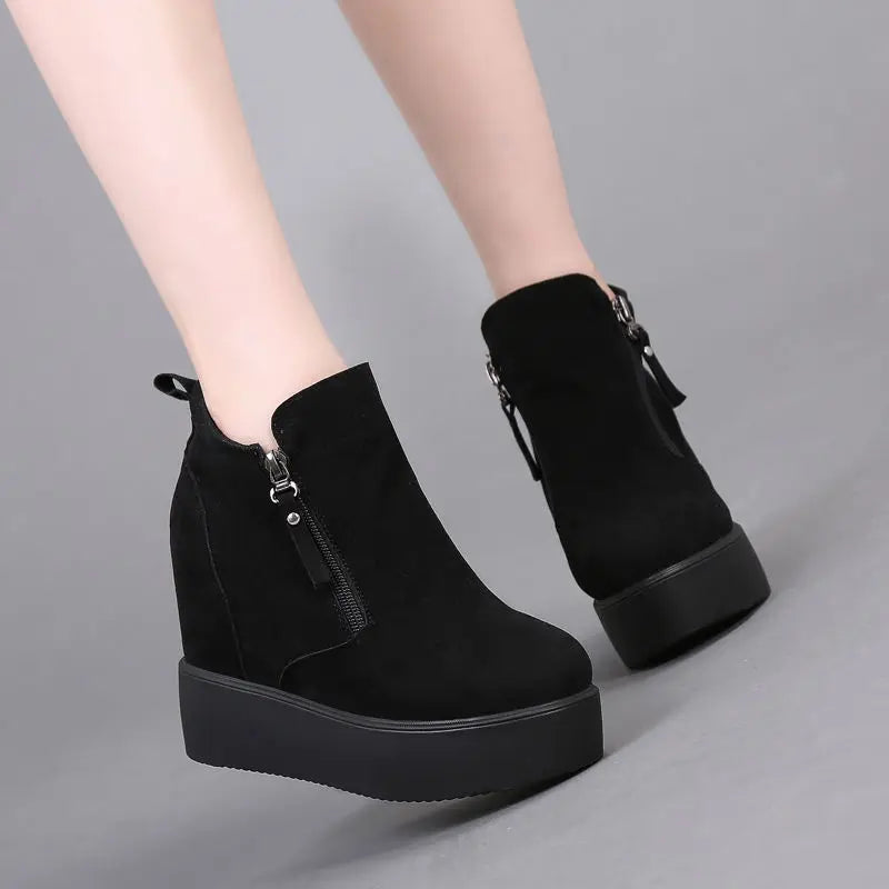 Fujin 11cm Platform Wedge Hidden Heel Women Ankle Boots Flock Leather Warm Female Wedge Shoes Zipper Winter Shoes Sneakers 2024