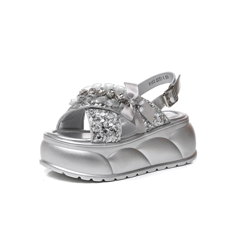 Autuspin 8cm Flats High Platform Ladies Sandals Summer Fashion Sequined Cloth Women Chunky Shoes Party Wedding Crystal Sandal