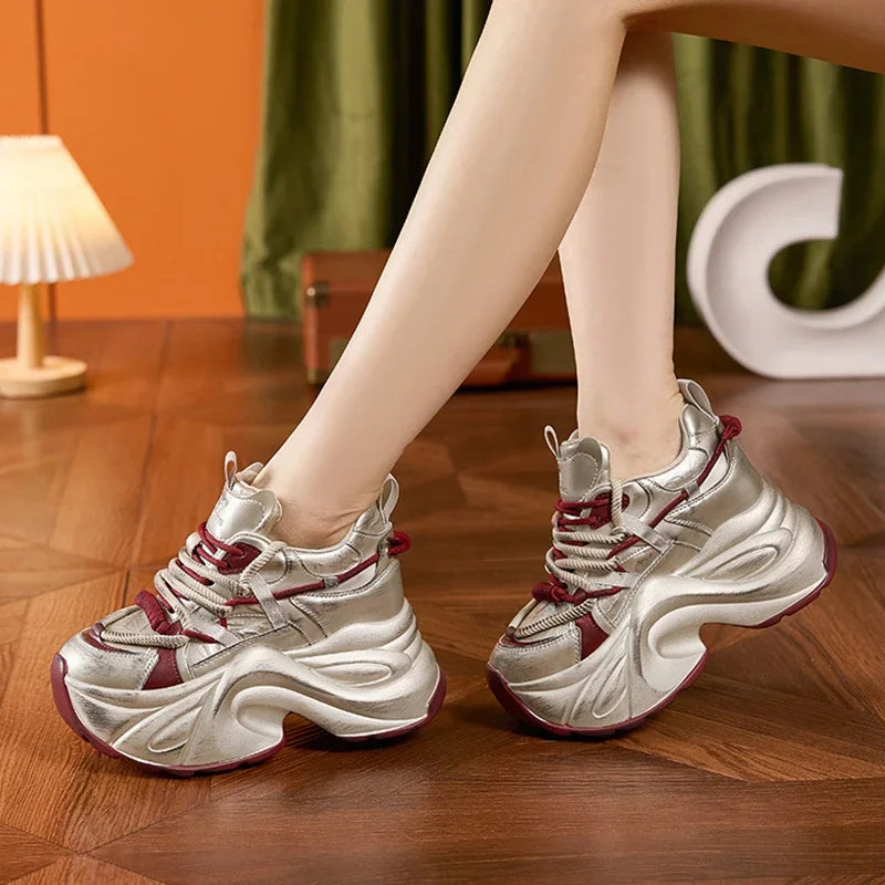 AUTUSPIN Winter Women High Heels Platforms Chunky Sneakers Leather Quality Sports Vulcanize Shoes Female Retro Lace-up Footwear