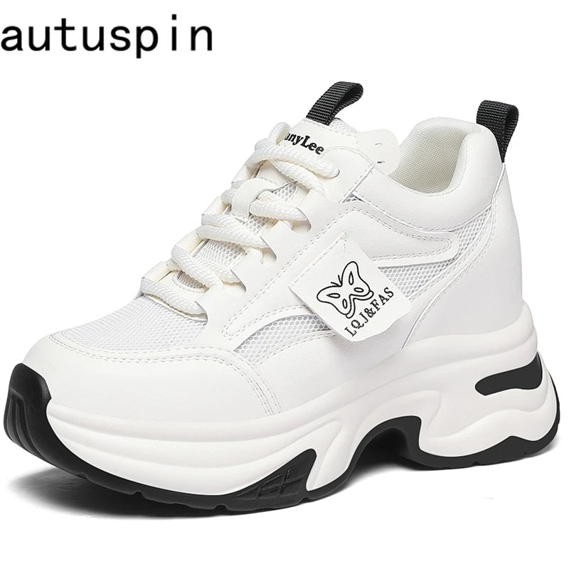 AUTUSPIN 9cm Wedges Platform Casual Shoes for Women Fashion Spring Breathable Mesh Sneakers Leisure Internal Heighten Footwear