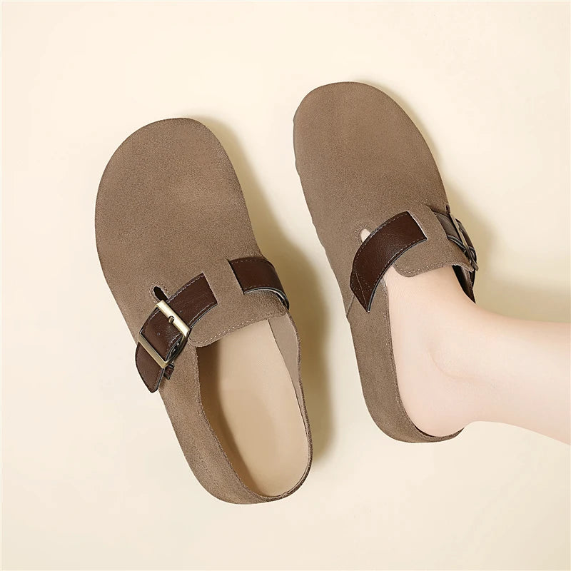 AUTUSPIN Fashion Round Toe Slides Shoes Women 2025 Summer Spring Suede Leather Mules Slippers Female Lazy Slip on Loafers Woman